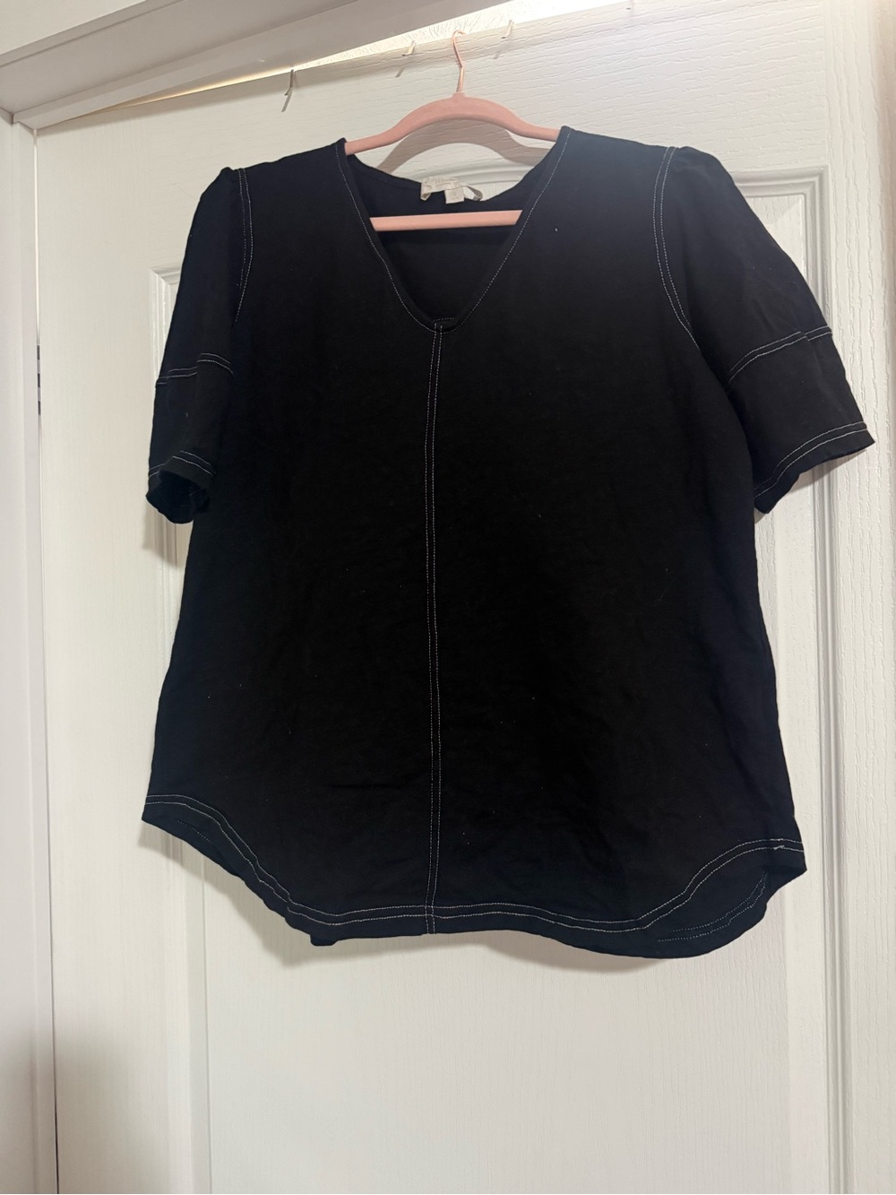 Black V-Neck Short Sleeve Top with Contrast Stitching